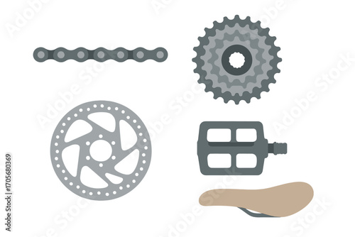 Essential bicycle components such as chain, cassette, disc brake, pedal, and saddle are crucial for bike assembly and maintenance