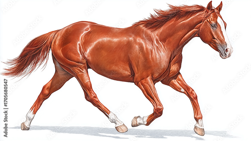 Obraz premium A brown horse is running on a white background. The horse is the main focus of the image, and it is in motion. The horse's legs are spread out, and it seems to be galloping or running at a fast pace