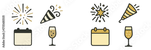 Celebration and event icons set with fireworks, party poppers, calendars, and champagne glasses