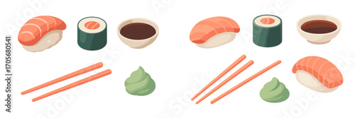 Traditional Japanese sushi set with fresh salmon nigiri, maki rolls, soy sauce, wasabi, and chopsticks