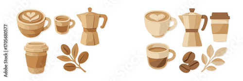 Stylized collection of coffee cups, moka pots, coffee beans, and plant leaves in warm brown and beige colors