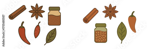 A vibrant collection of essential cooking ingredients including cinnamon sticks, star anise, red chili peppers, bay leaves, and various spice jars, arranged for culinary themes