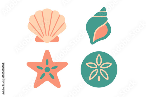 Stylized marine life collection with scallop shell, conch, starfish, and sand dollar in soft pastel colors