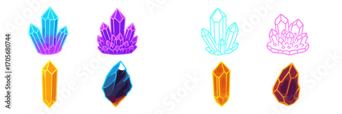 Stylized collection of vibrant faceted crystals and glowing mineral gemstones in diverse shapes and colors including outline versions