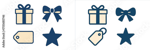 A vibrant collection of various gift boxes, decorative bows, blank price tags, and star symbols, perfect for festive occasions and holiday celebrations