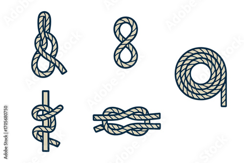 Set of diverse rope knots including figure eight, square knot, and coiled rope for maritime concepts