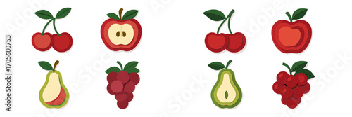 Assortment of fresh layered paper cut style fruits including whole and sliced apples cherries pears and grapes on white background