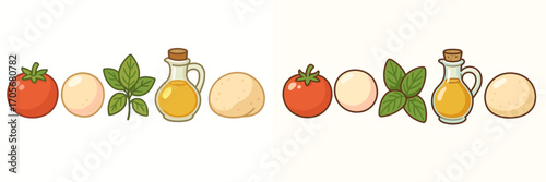Delicious Italian pizza ingredients including fresh red tomatoes, creamy mozzarella, green basil leaves, golden olive oil, and soft dough
