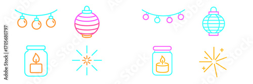 Festive celebration icons with string lights, paper lantern, candle in jar, and sparkler burst