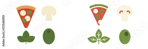 Delicious pizza slices with fresh mushrooms, basil leaves, and green olives, showcasing classic Italian cuisine ingredients