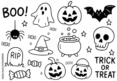 Halloween illustrations icons vector with candies, skulls and pumpkins