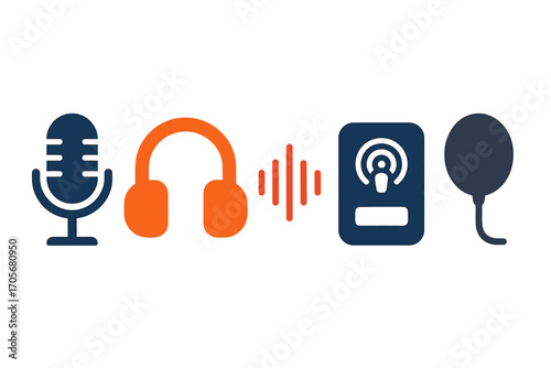 Set of podcasting and audio production icons featuring a microphone headphones sound waves and a streaming app symbol