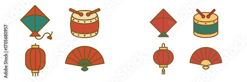 Stylized traditional Asian cultural items set with kites, drums, lanterns, and folding fans for festive celebrations