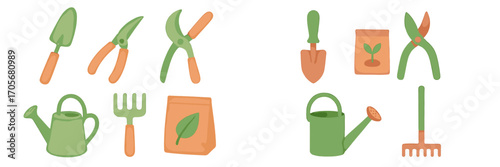 Essential gardening tools and supplies: shovels, shears, watering cans, seed packets for planting and cultivation