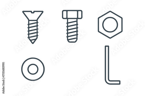 Collection of essential hardware fasteners: various screws, nuts, washers, and an L-shaped hex wrench for construction and repair