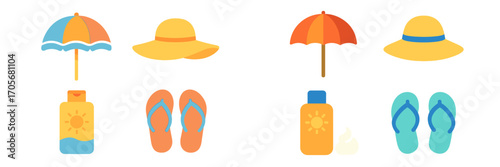 Collection of colorful summer beach vacation accessories including umbrellas hats sunscreen and flip flops