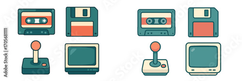 Retro technology icons with floppy disks, cassette tapes, joysticks, and CRT monitors