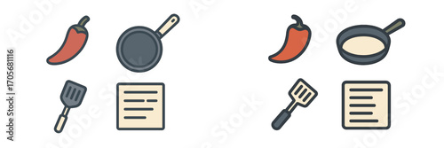 Colorful cooking and kitchen utensils with various food ingredient icons for culinary design projects and restaurant menus