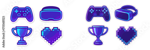 Vibrant collection of modern gaming controllers, virtual reality headsets, trophies, and pixel hearts for digital design projects