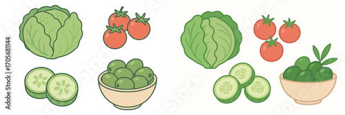 Healthy assortment of fresh green cabbage, ripe red tomatoes, crisp cucumber slices, and a bowl filled with green olives