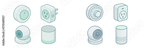 Smart home technology devices set including security camera, smart plug, thermostat, and voice assistant speaker