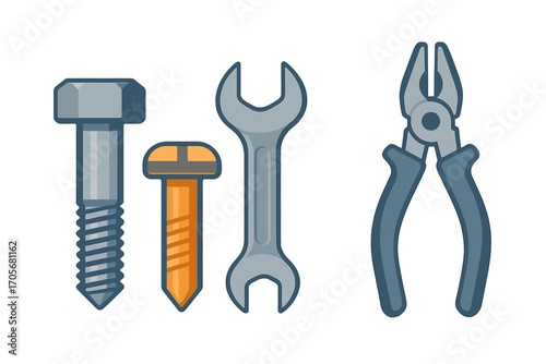 Assortment of essential hand tools including a bolt, screw, wrench, and pliers for repair and construction work