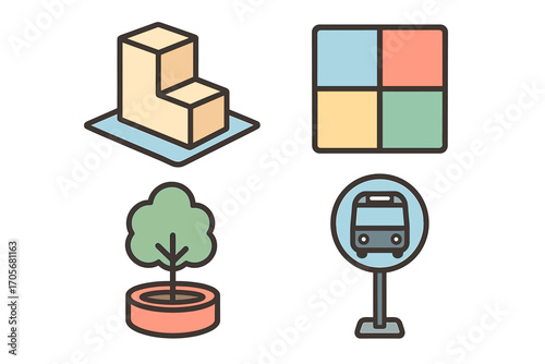 Colorful urban and abstract elements including a bus stop sign, potted tree, and geometric shapes
