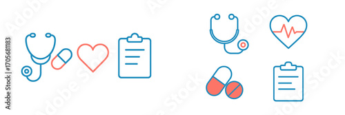 Essential medical health care symbols including stethoscope, heart, pills, and clipboard for hospital services