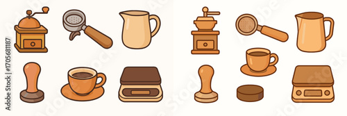 Assortment of essential coffee brewing tools and accessories including grinder, portafilter, tamper, cup, and scale
