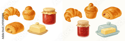 Delicious assortment of fresh baked croissants, pain au chocolat, brioche, sweet fruit jam, and creamy butter for a morning meal