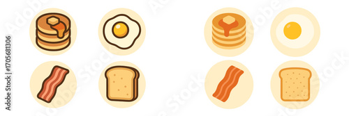 Classic breakfast food icons set with pancakes, fried egg, crispy bacon, and golden toast for morning meals