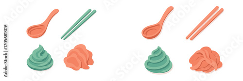 Sushi condiments and utensils set with wasabi, pickled ginger, chopsticks, and spoons in a modern paper cut style