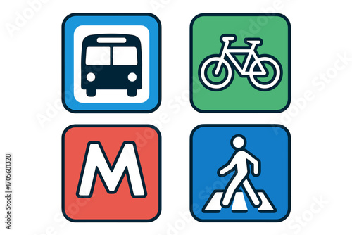 Urban mobility symbols for public transportation and pedestrian crossing in modern city navigation and planning