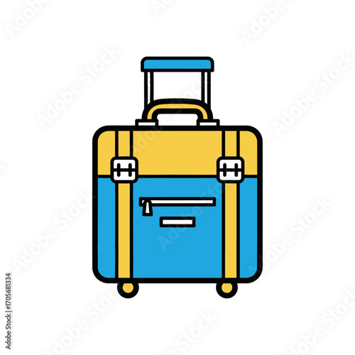 blue and yellow travel suitcase.