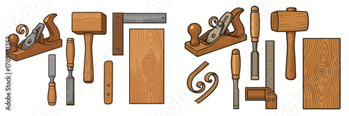 Collection of essential woodworking tools and equipment including planes, chisels, mallets, and wood pieces for carpentry and craft