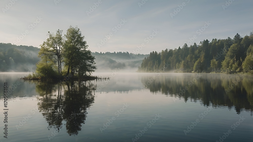 Fototapeta premium Serene misty lake reflecting lush forest at sunrise creating a tranquil, breathtaking landscape