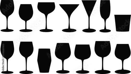 Elegant black silhouette of a stemmed wine glass on white background