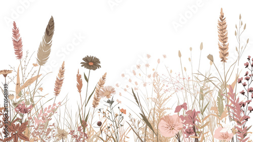 Elegant Botanical Meadow Border Dried Flowers and Grasses in Soft Neutral Tones