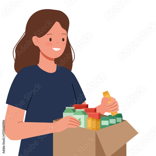 Woman volunteer packing food donation box. Humanitarian aid concept. Supporting vulnerable in society. Charity and help. Stock flat illustration for web page or apps.
