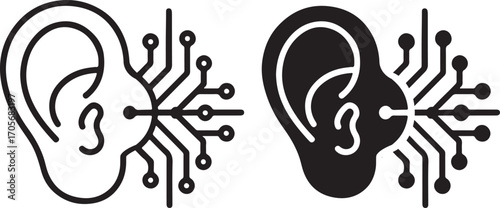 Ear with Circuit Pattern Icon Representing AI Voice Recognition, Hearing Technology, and Digital Communication