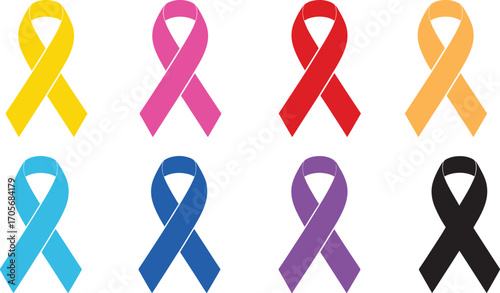 Collection of Eight Different Colored Awareness Ribbons on White Background yellow ribbon pink ribbon