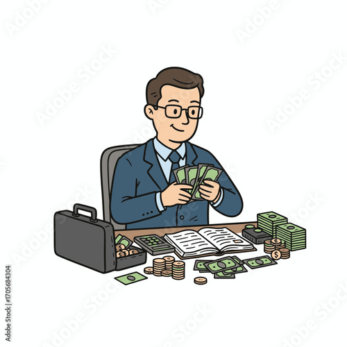 Businessman at a desk counting stacks of money.
