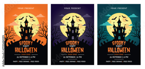 Spooky halloween night party flyer set, with different colors