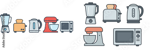 Collection of essential kitchen appliances for home cooking and food preparation, including blender, toaster, kettle, stand mixer, and microwave oven