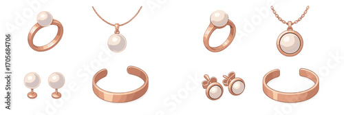 Elegant rose gold jewelry adorned with lustrous white pearls, featuring rings, pendants, earrings, and bracelets