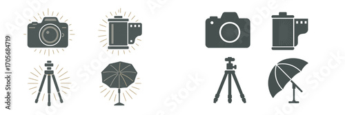 Vintage photography equipment featuring camera, film roll, tripod, and studio umbrella in distressed retro style