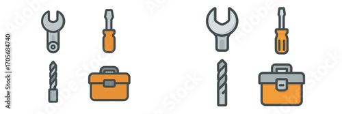 Various essential hand tools including wrench, screwdriver, drill bit, and toolbox for repair and maintenance