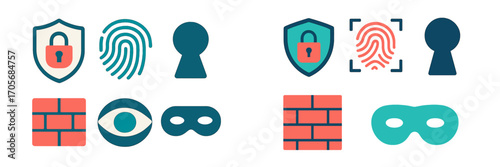Digital security and privacy icons with data protection, cybercrime, and biometric identification symbols