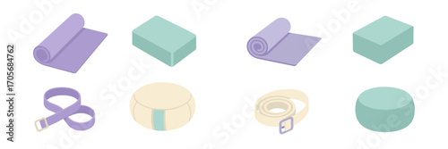 Collection of yoga and meditation accessories including mats, blocks, straps, and cushions for fitness and mindfulness practice