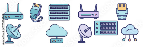 Comprehensive collection of modern digital connectivity hardware, internet infrastructure, and cloud computing elements